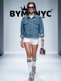 Women's Blue Denim Jacket Oversized Jewel Pearl Embellished BYMANYC ® New York CONTEMPORARY VIBRANT MODERN OUTERWEAR - New Collection