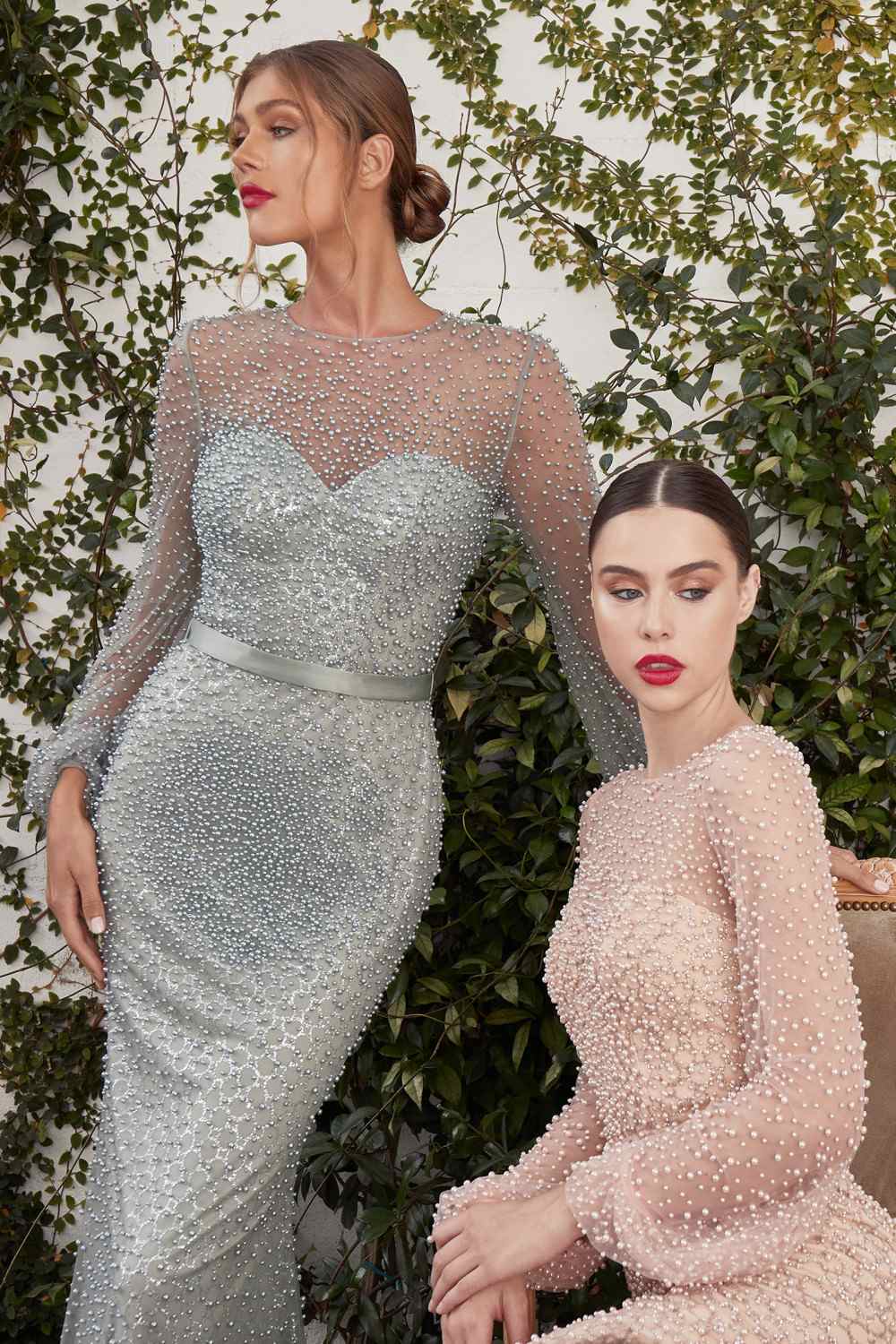 Andrea & Leo A0997 Pearl Beaded Long Sleeve Fit and Flare Long Dress