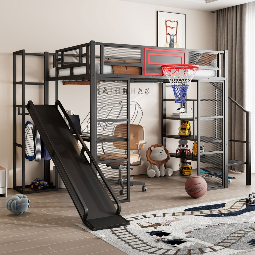 Full Loft Bed with Built-In Desk, Slide & Storage - Black or White
