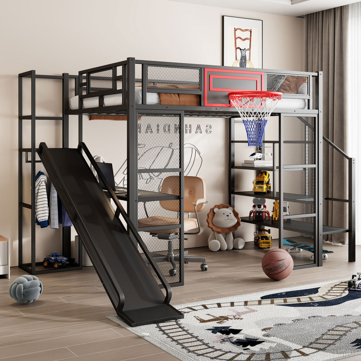 Full Loft Bed with Built-In Desk, Slide & Storage - Black or White