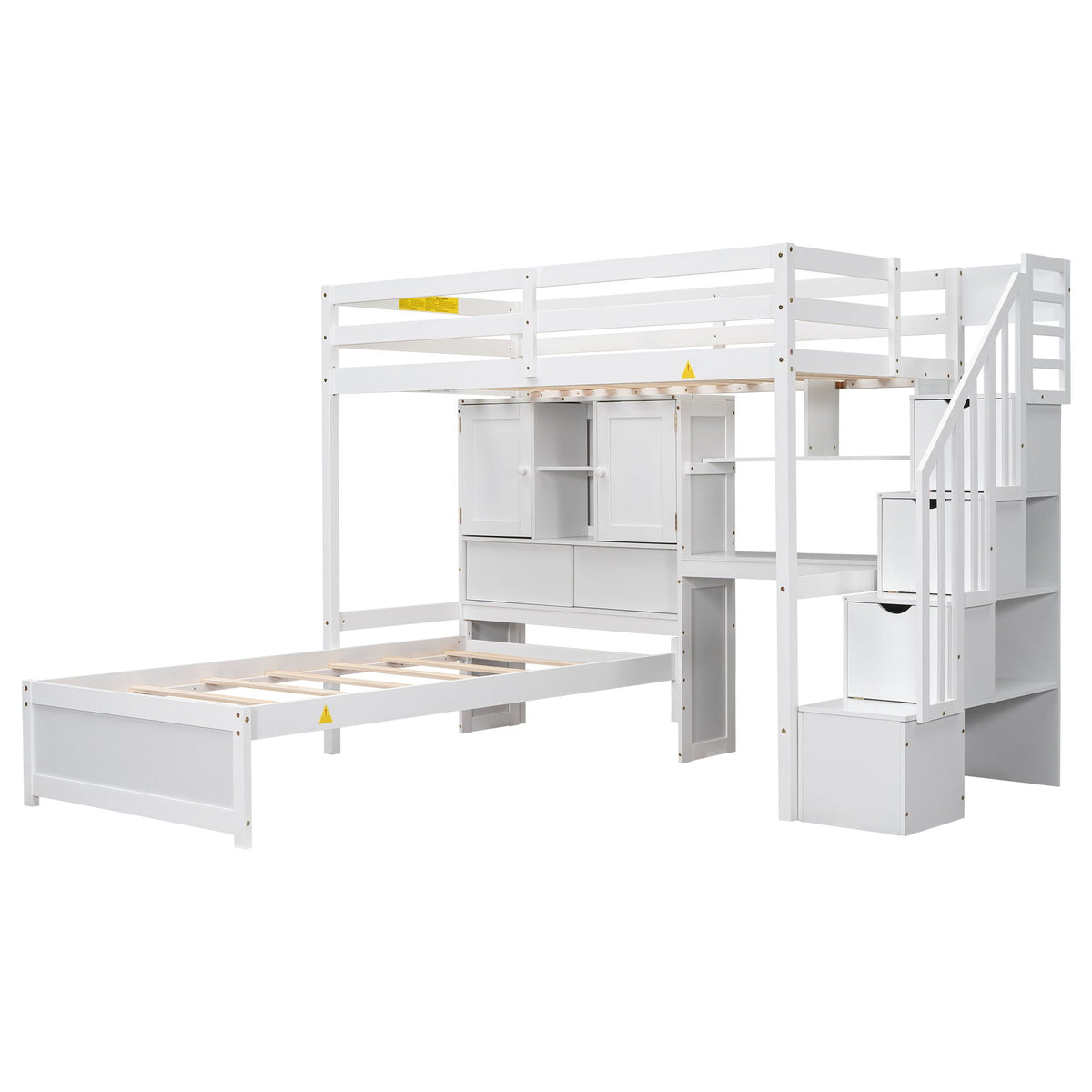 Twin Over Twin Loft Bed with Built-In Desk and Staircase - White or Light Brown