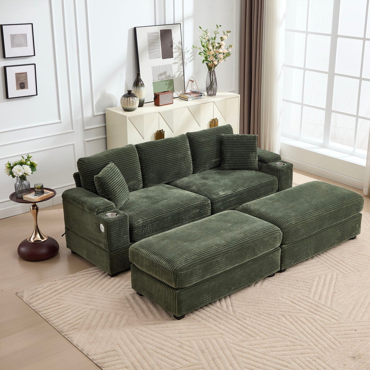 Convertible Sectional Sofa Bed Set with Storage and USB Port - Green