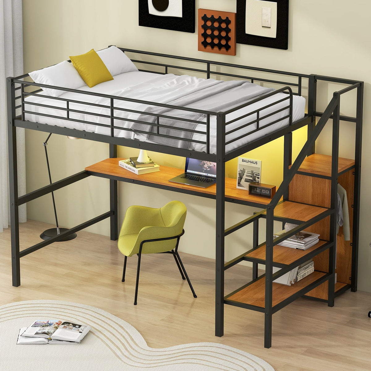 Full Size Loft Bed with Desk, Storage Staircase & Wardrobe - Black or White
