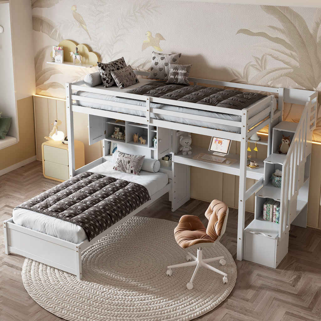 Twin Over Twin Loft Bed with Built-In Desk and Staircase - White or Light Brown