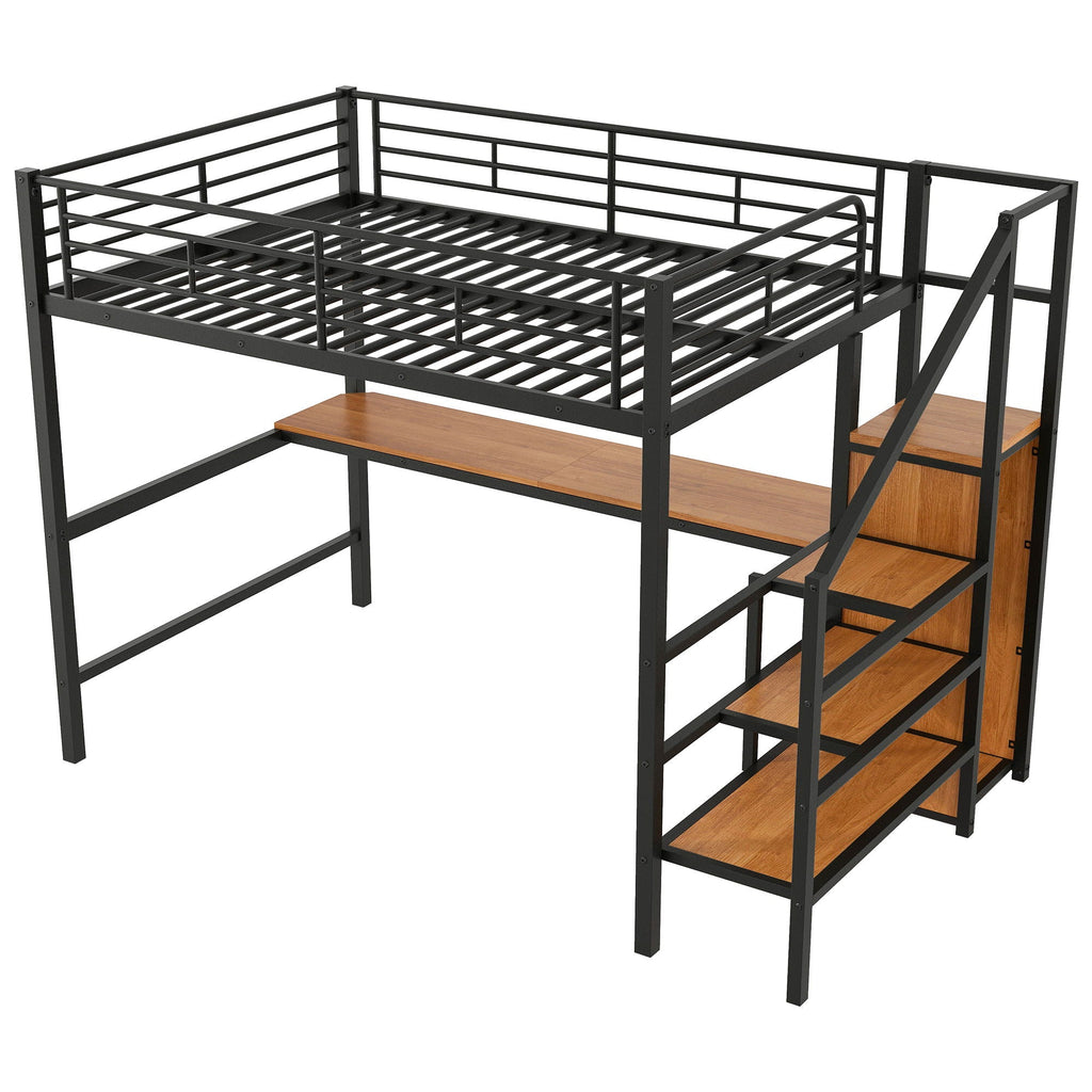 Full Size Loft Bed with Desk, Storage Staircase & Wardrobe - Black or White