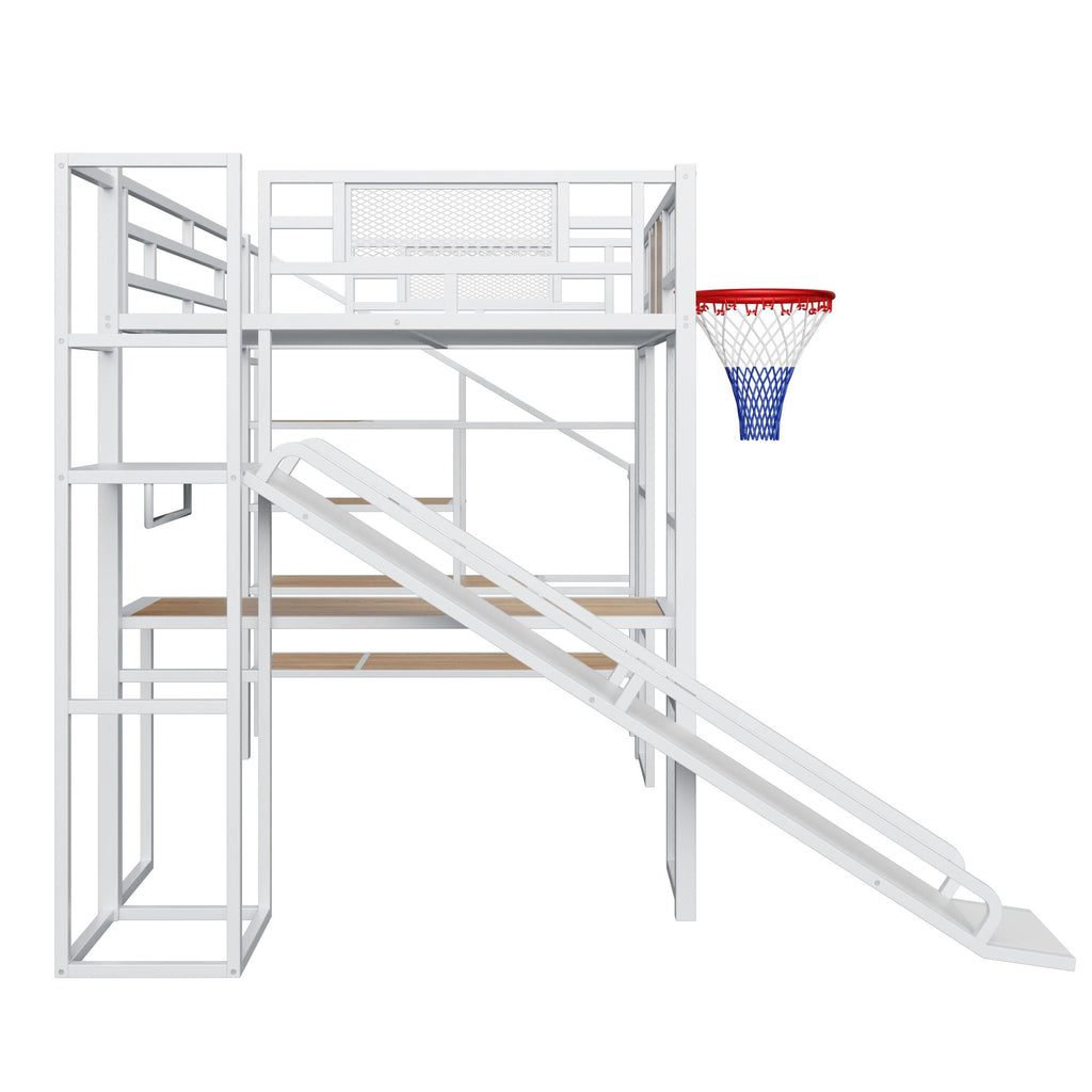 Full Loft Bed with Built-In Desk, Slide & Storage - Black or White
