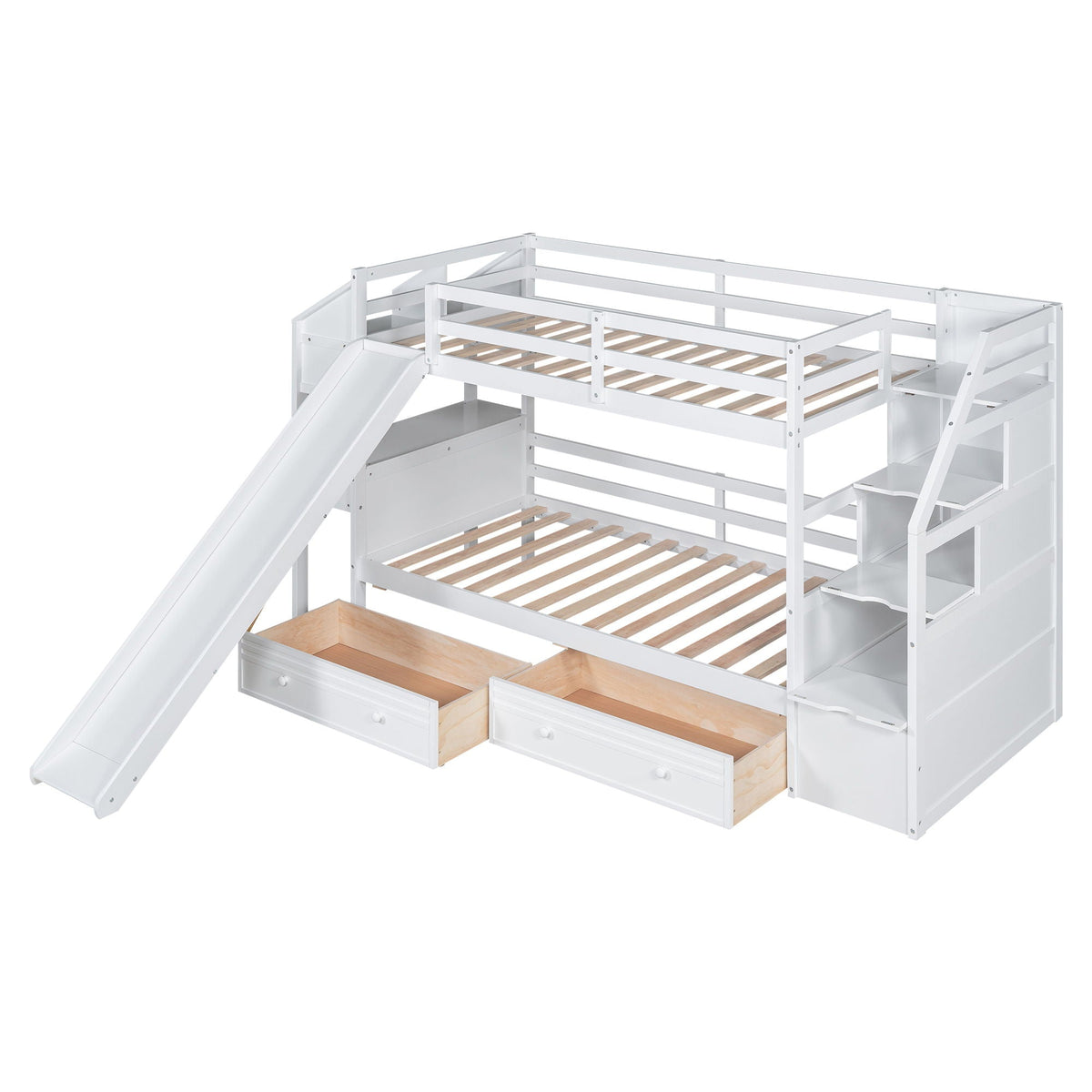 Bunk Bed with Storage Staircase, Slide & Desk - Twin or Full - Dark Gray or White