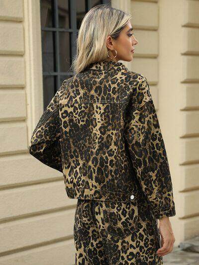 Pocketed Leopard Long Sleeve Denim Jacket for Women