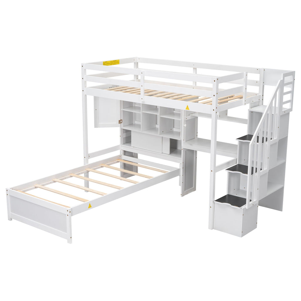 Twin Over Twin Loft Bed with Built-In Desk and Staircase - White or Light Brown
