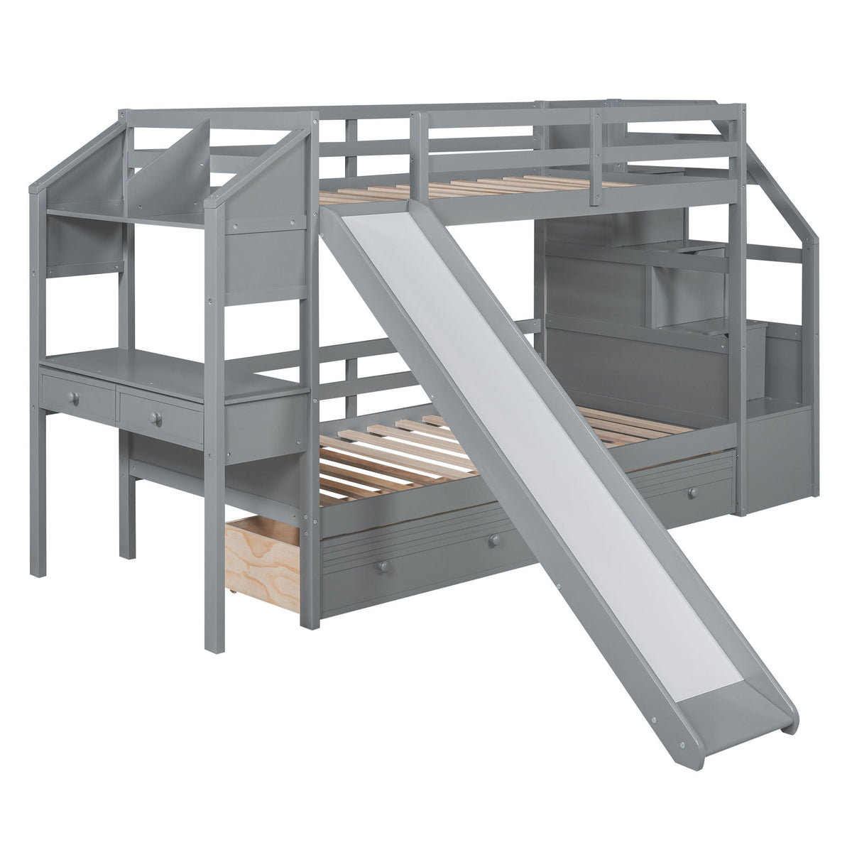 Bunk Bed with Storage Staircase, Slide & Desk - Twin or Full - Dark Gray or White