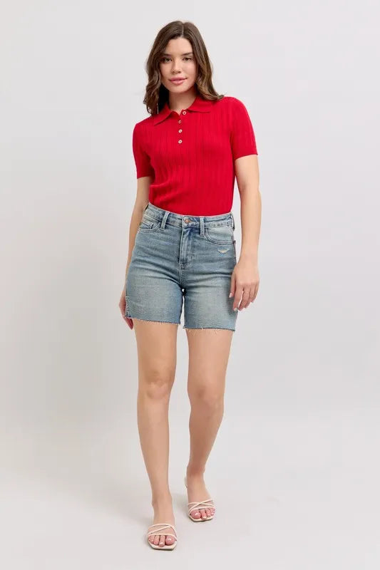 Judy Blue Full Size High Waist Vintage Wash Side Slit Denim Shorts Plus Size