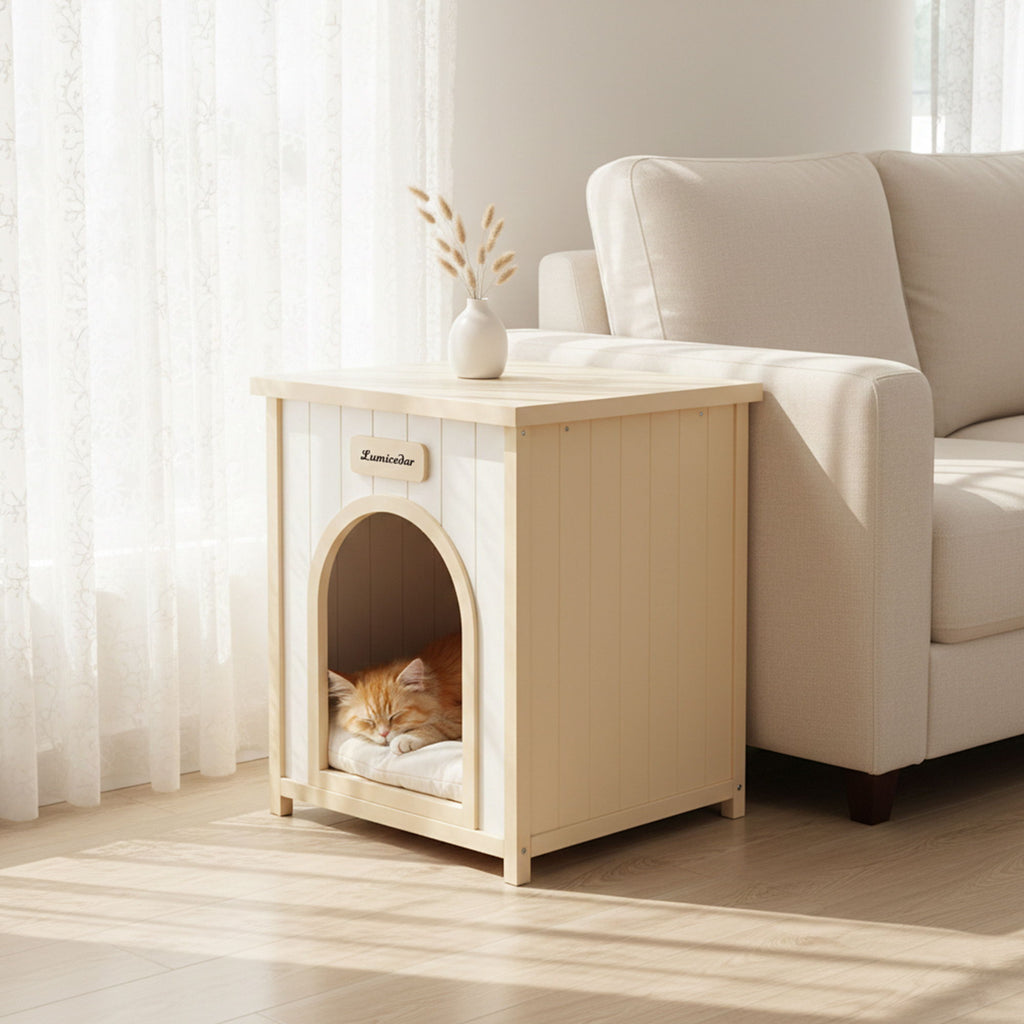 Indoor Dog House with Removable Cushion - Cream White / Light Yellow