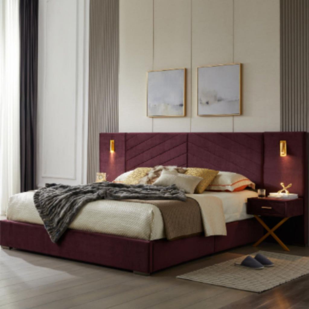 Upholstered Bed with Vertical Channel Tufted Wingback Headboard - Blue or Red