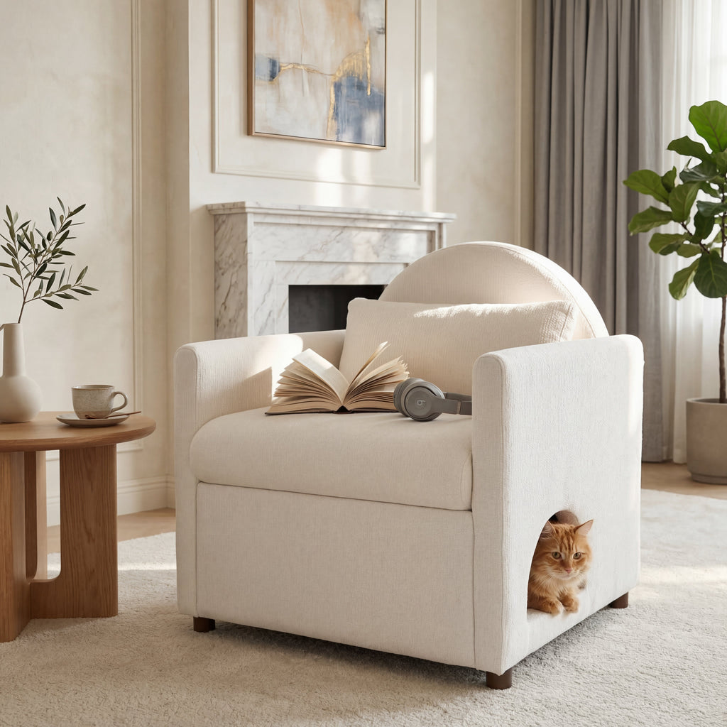 Beige Pet Friendly Accent Chair with Hidden Pet Nook - Acacia Wood