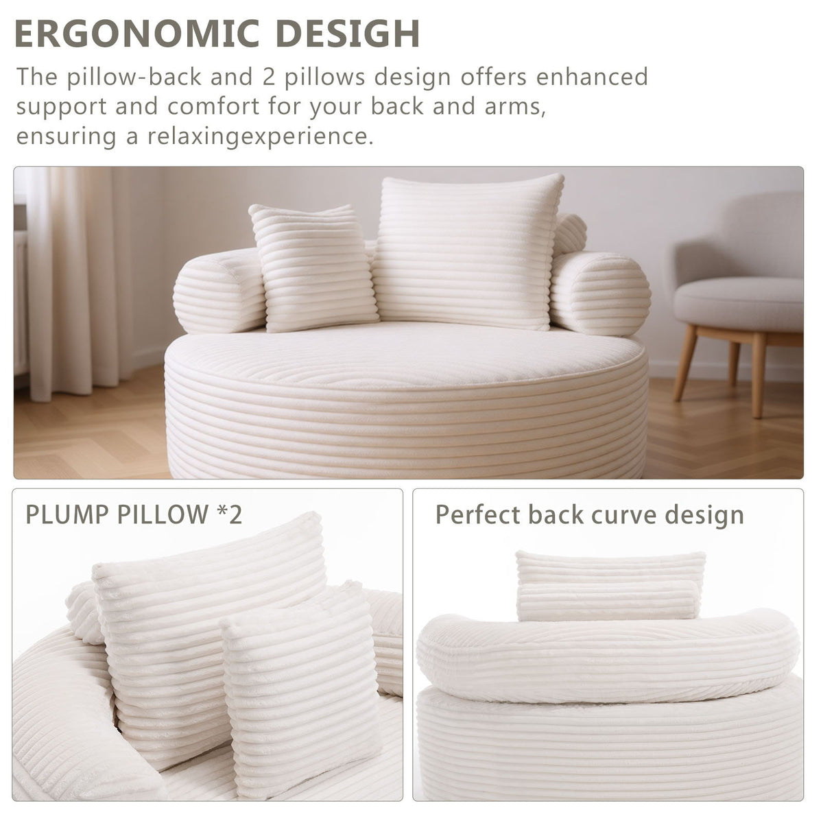 Round Sofa Bed with Memory Foam and 3 Pillows - Multiple Colors