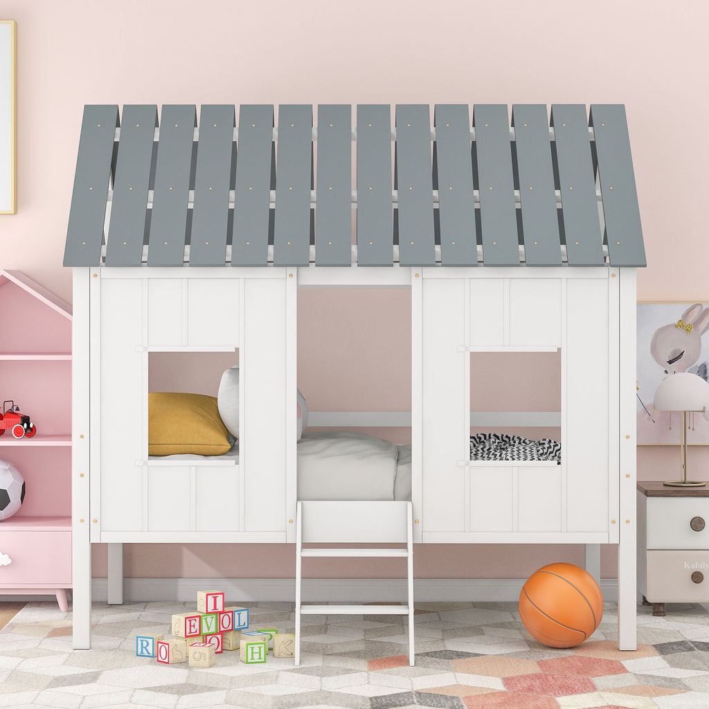 Twin Size Low Loft House Bed with Roof and 2 Front Windows - White