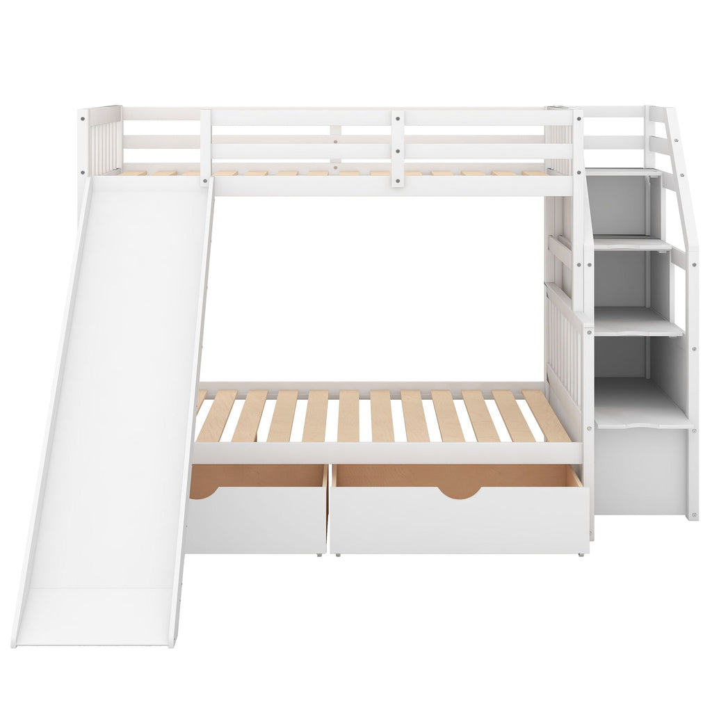 Bunk Bed with Storage Staircase, Slide & Desk - Twin or Full - Dark Gray or White