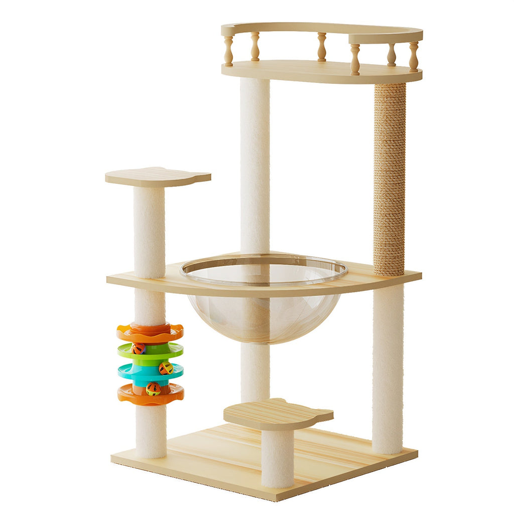 Modern Cat Tower with Scratching Posts and Acrylic Hammock - Natural+White