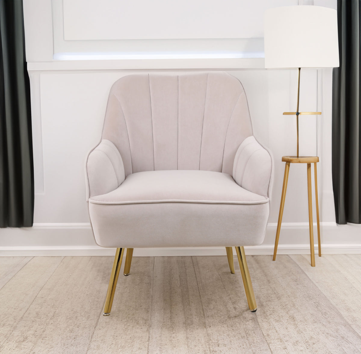 Beige Sherpa-Style Mid-Century Accent Armchair