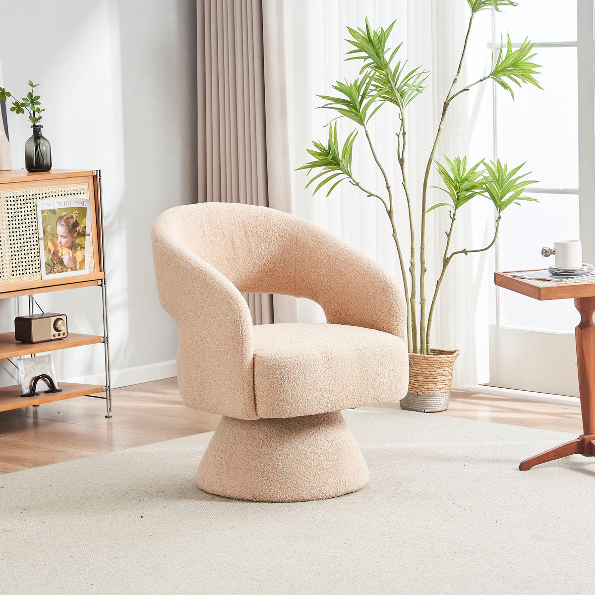 Nude Teddy Fabric Swivel Barrel Accent Chair