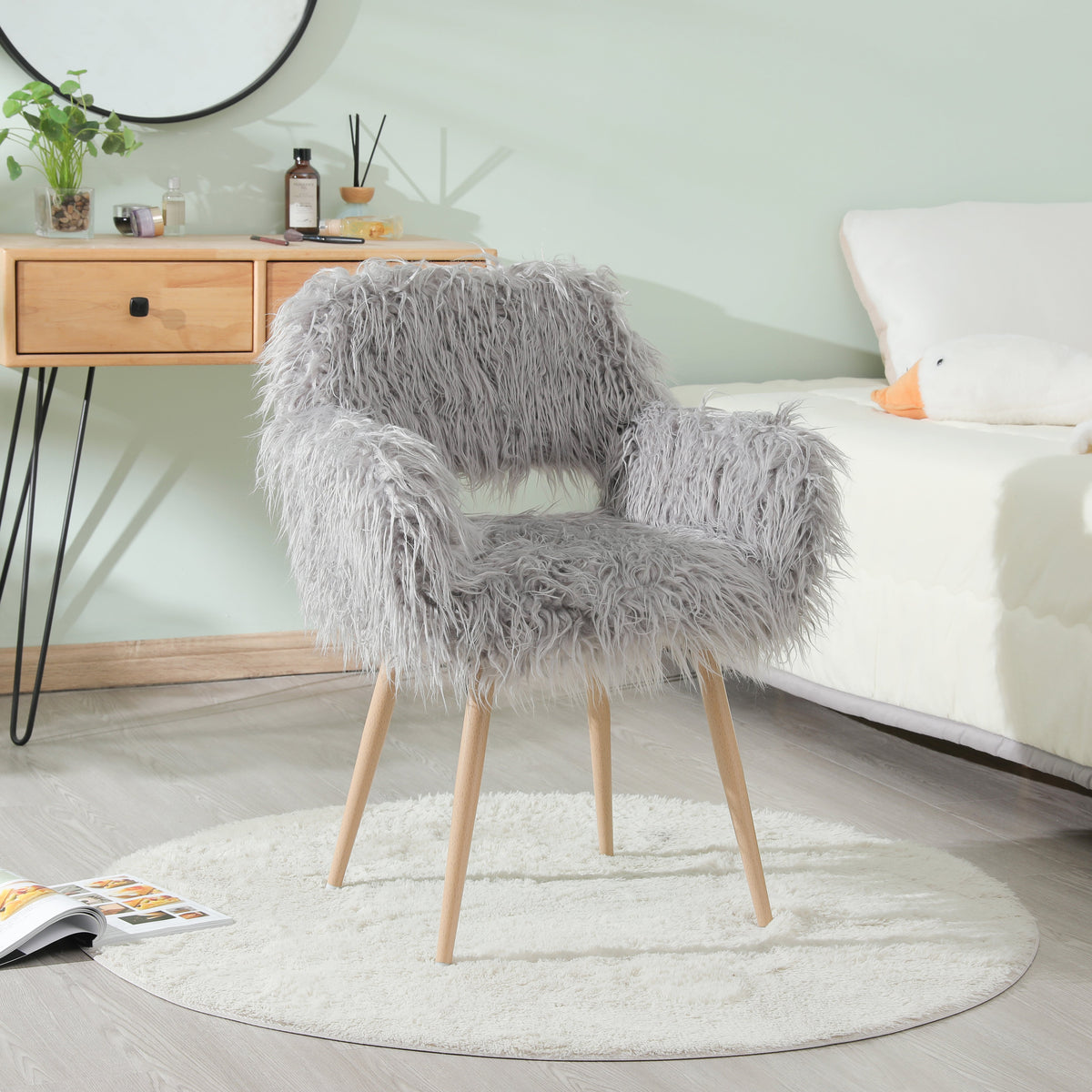 Gray Faux Fur Vanity Chair with Metal Legs