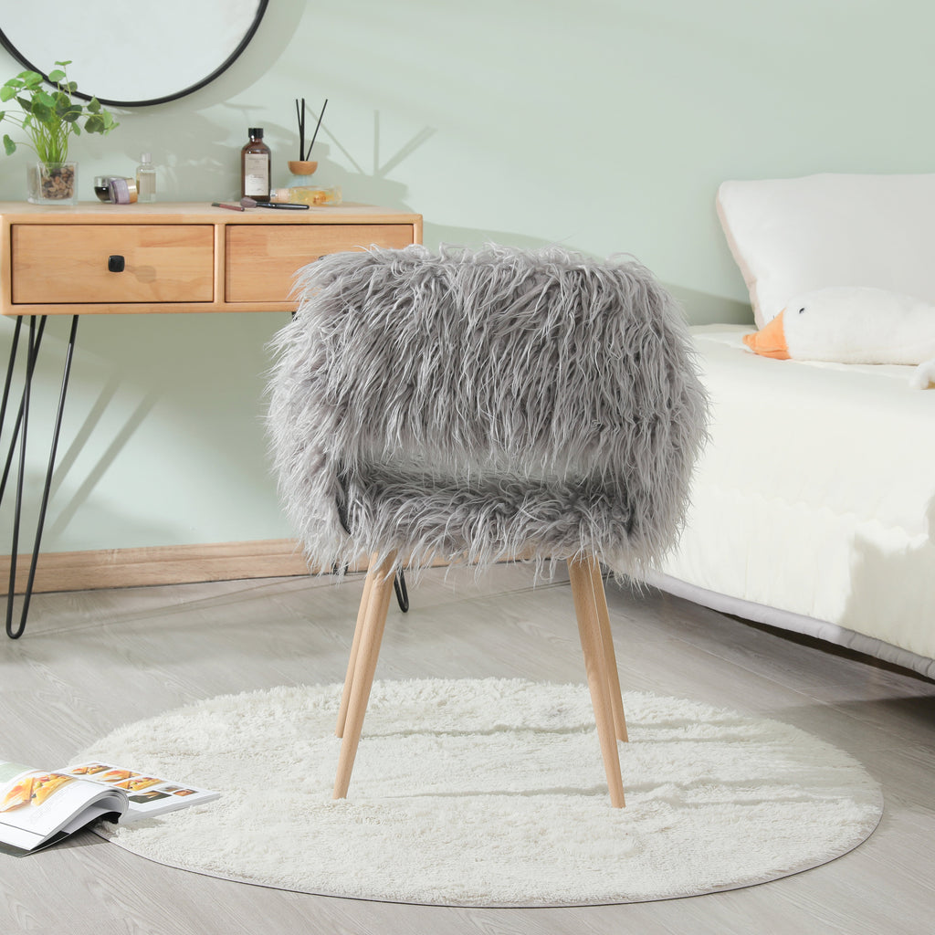 Gray Faux Fur Vanity Chair with Metal Legs