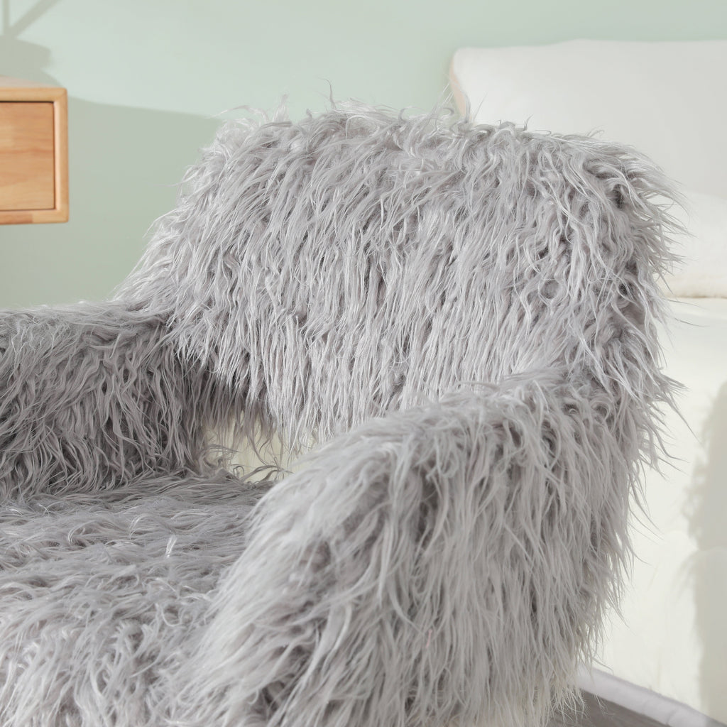 Gray Faux Fur Vanity Chair with Metal Legs