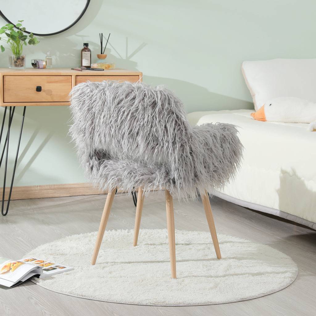 Gray Faux Fur Vanity Chair with Metal Legs