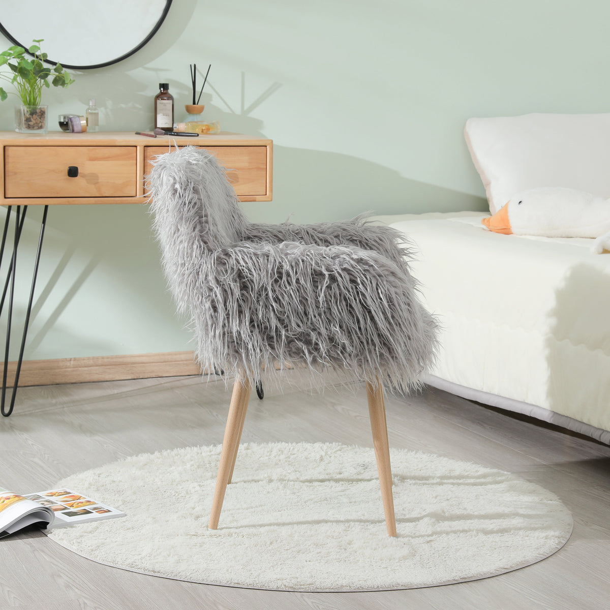 Gray Faux Fur Vanity Chair with Metal Legs