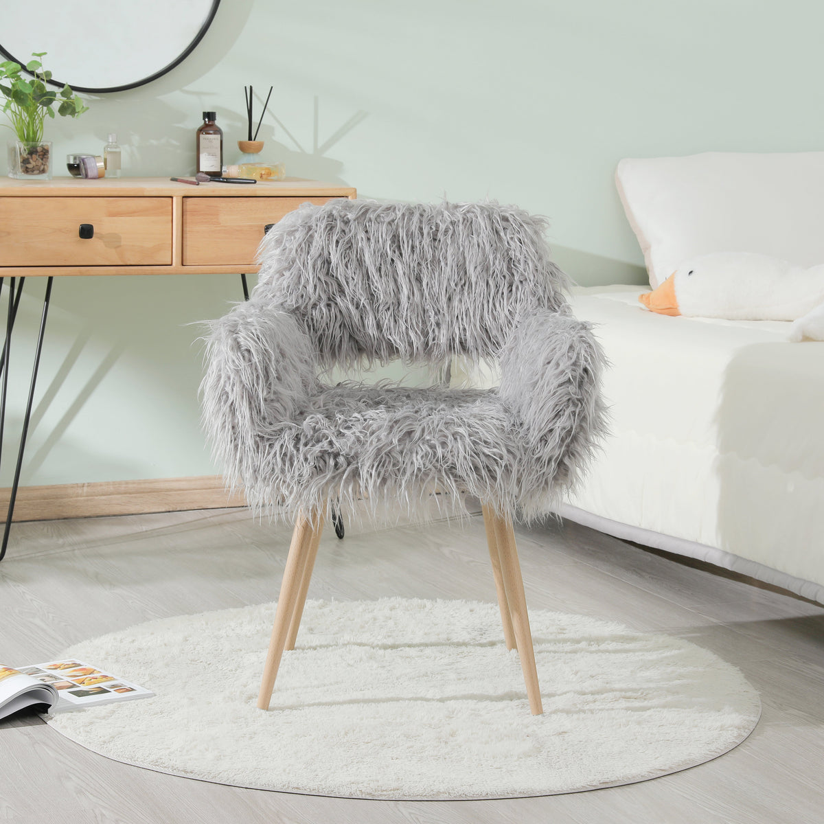 Gray Faux Fur Vanity Chair with Metal Legs