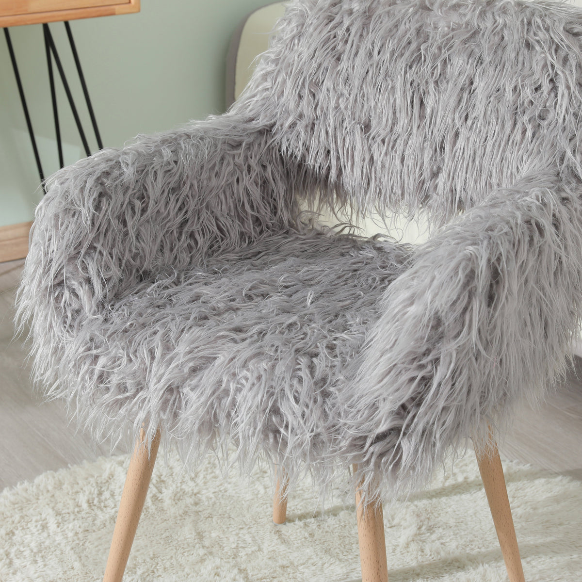 Gray Faux Fur Vanity Chair with Metal Legs