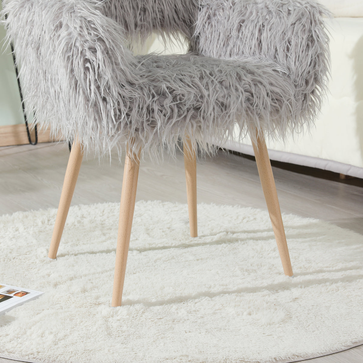 Gray Faux Fur Vanity Chair with Metal Legs
