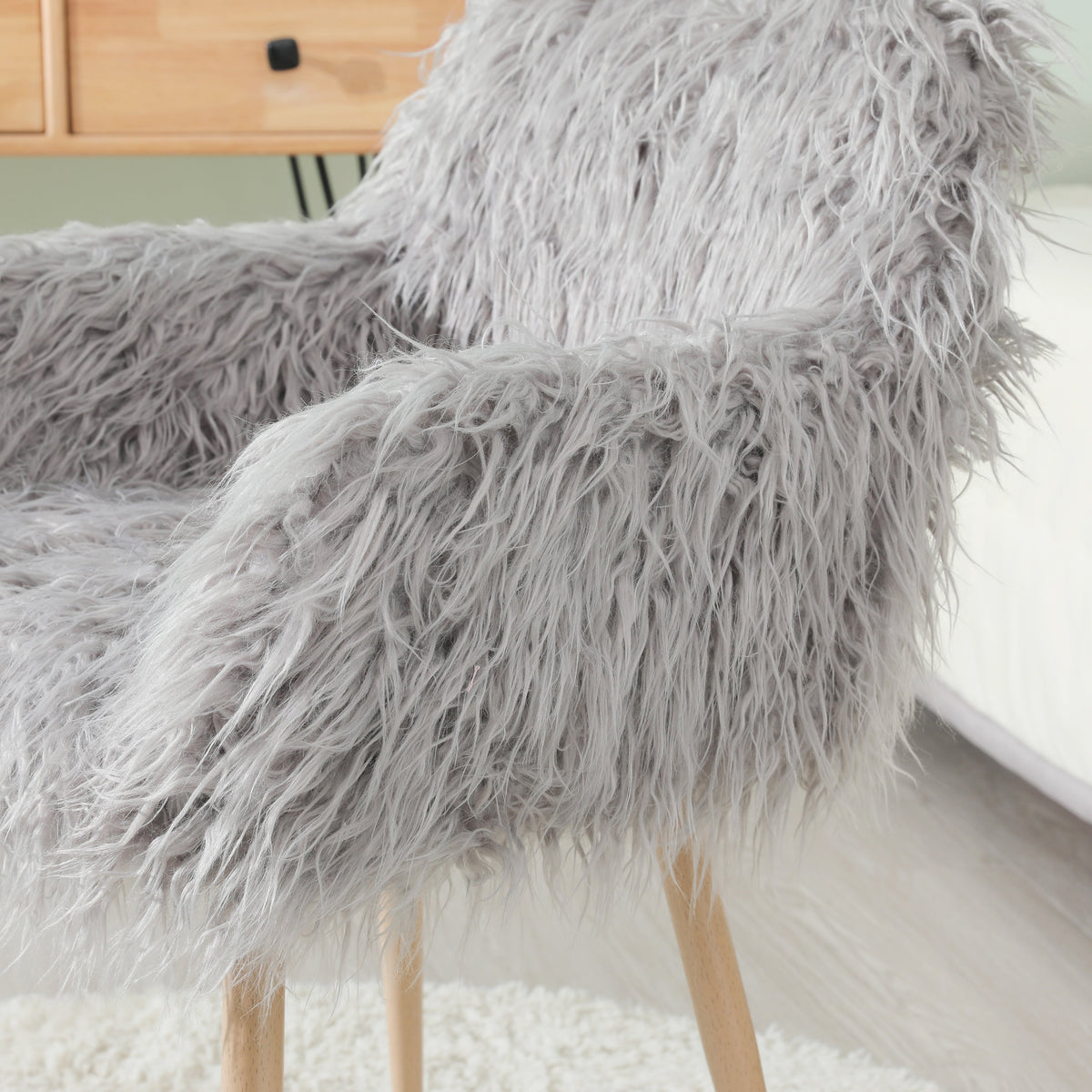 Gray Faux Fur Vanity Chair with Metal Legs
