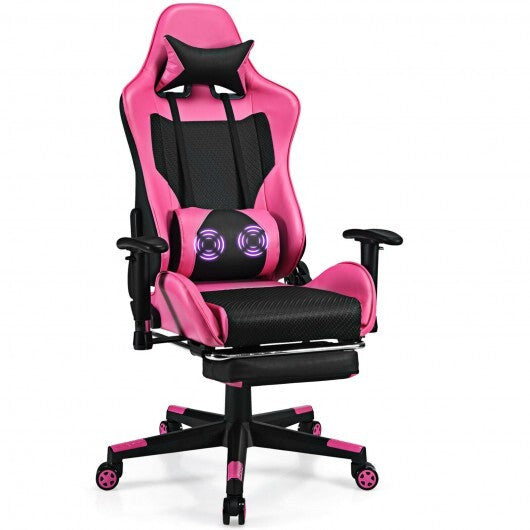 Pink Faux Leather Gaming Chair with Footrest & Lumbar Pillow