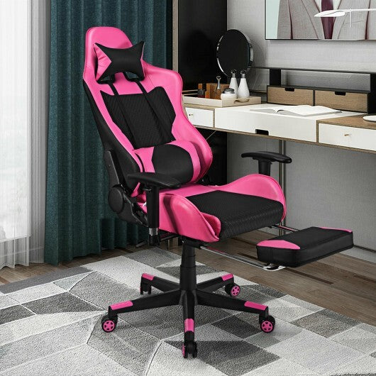 Pink Faux Leather Gaming Chair with Footrest & Lumbar Pillow