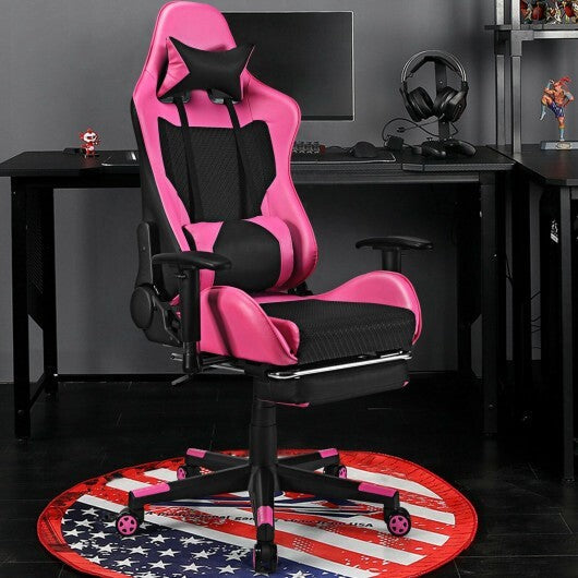 Pink Faux Leather Gaming Chair with Footrest & Lumbar Pillow