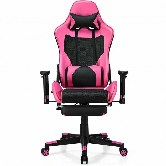 Pink Faux Leather Gaming Chair with Footrest & Lumbar Pillow