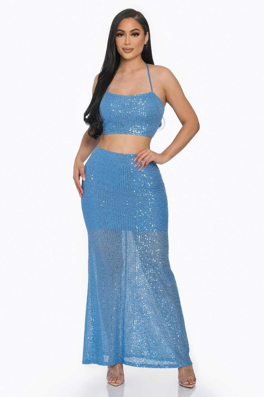 Cross Strap Back Sequin Maxi Skirt Set