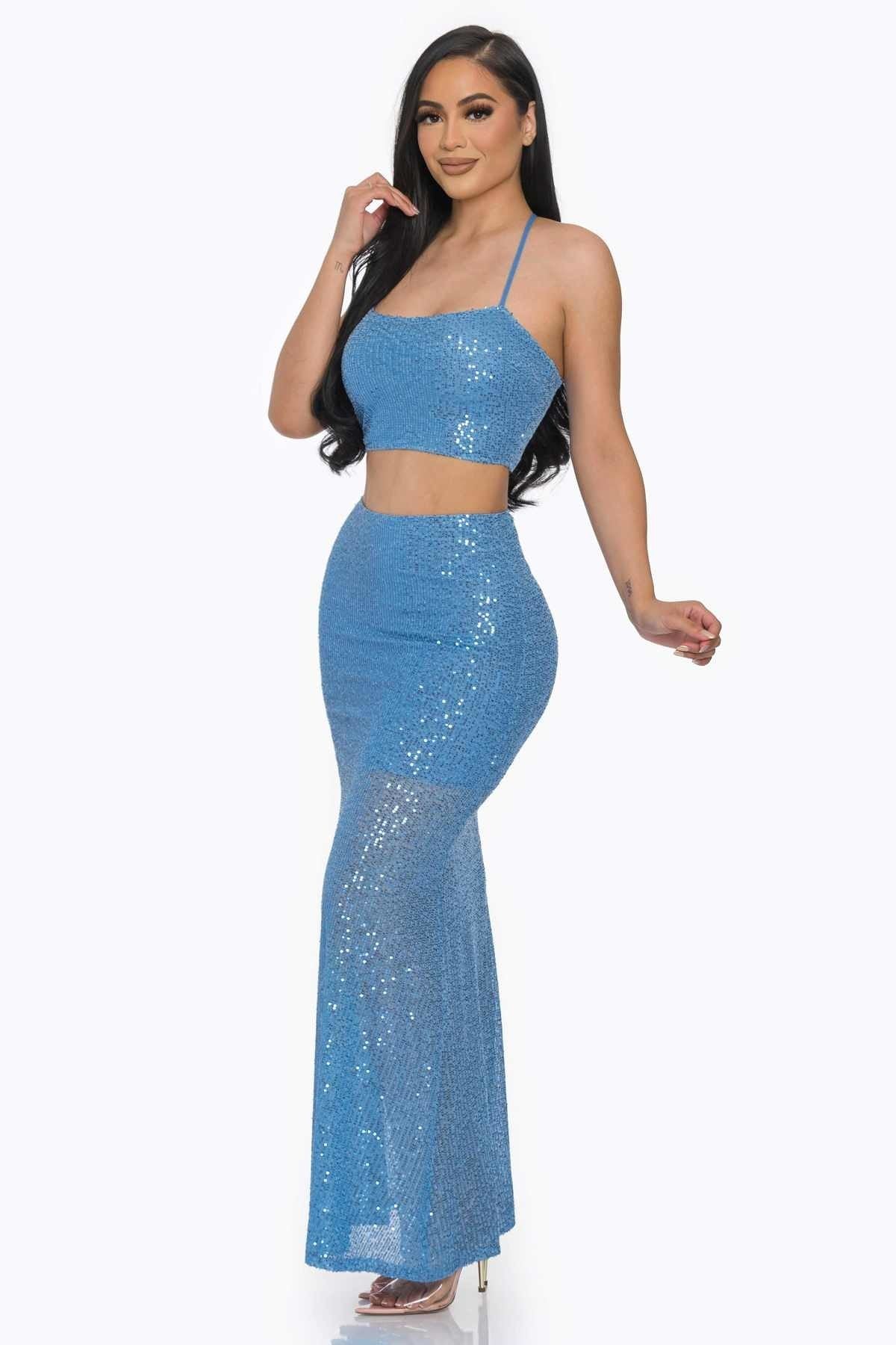 Cross Strap Back Sequin Maxi Skirt Set