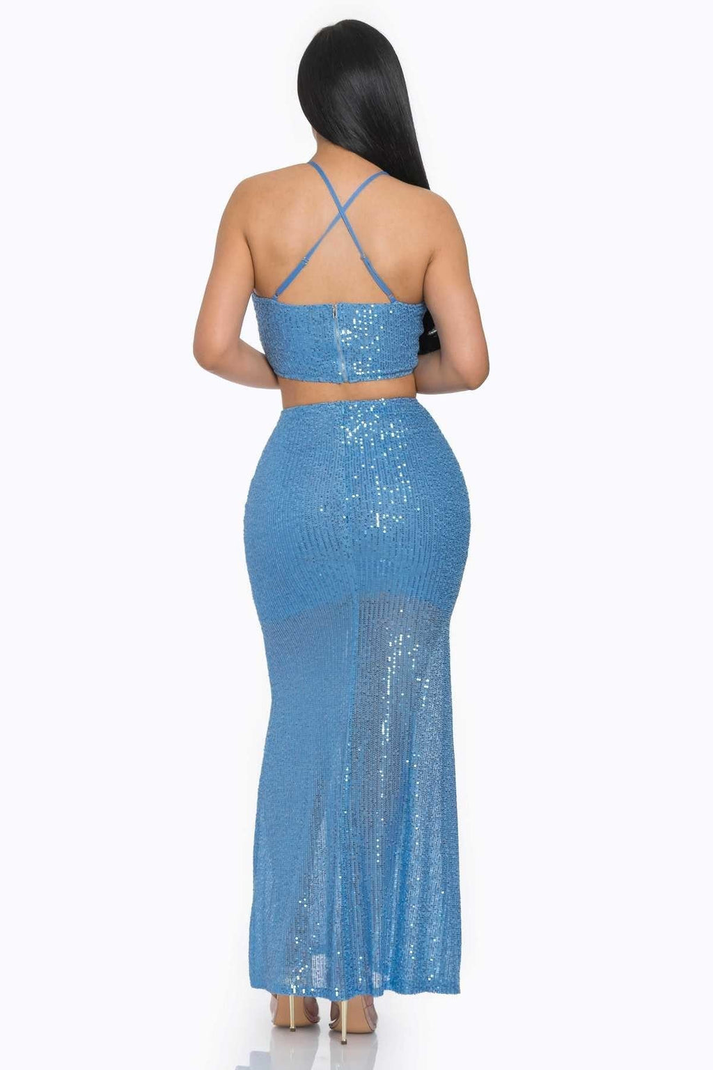 Cross Strap Back Sequin Maxi Skirt Set
