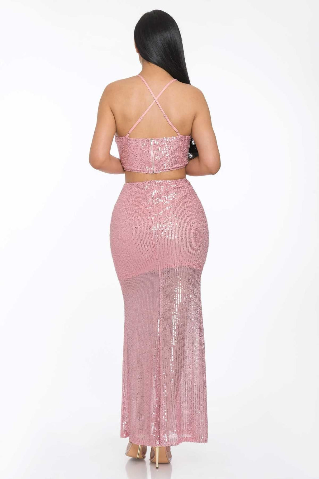 Cross Strap Back Sequin Maxi Skirt Set