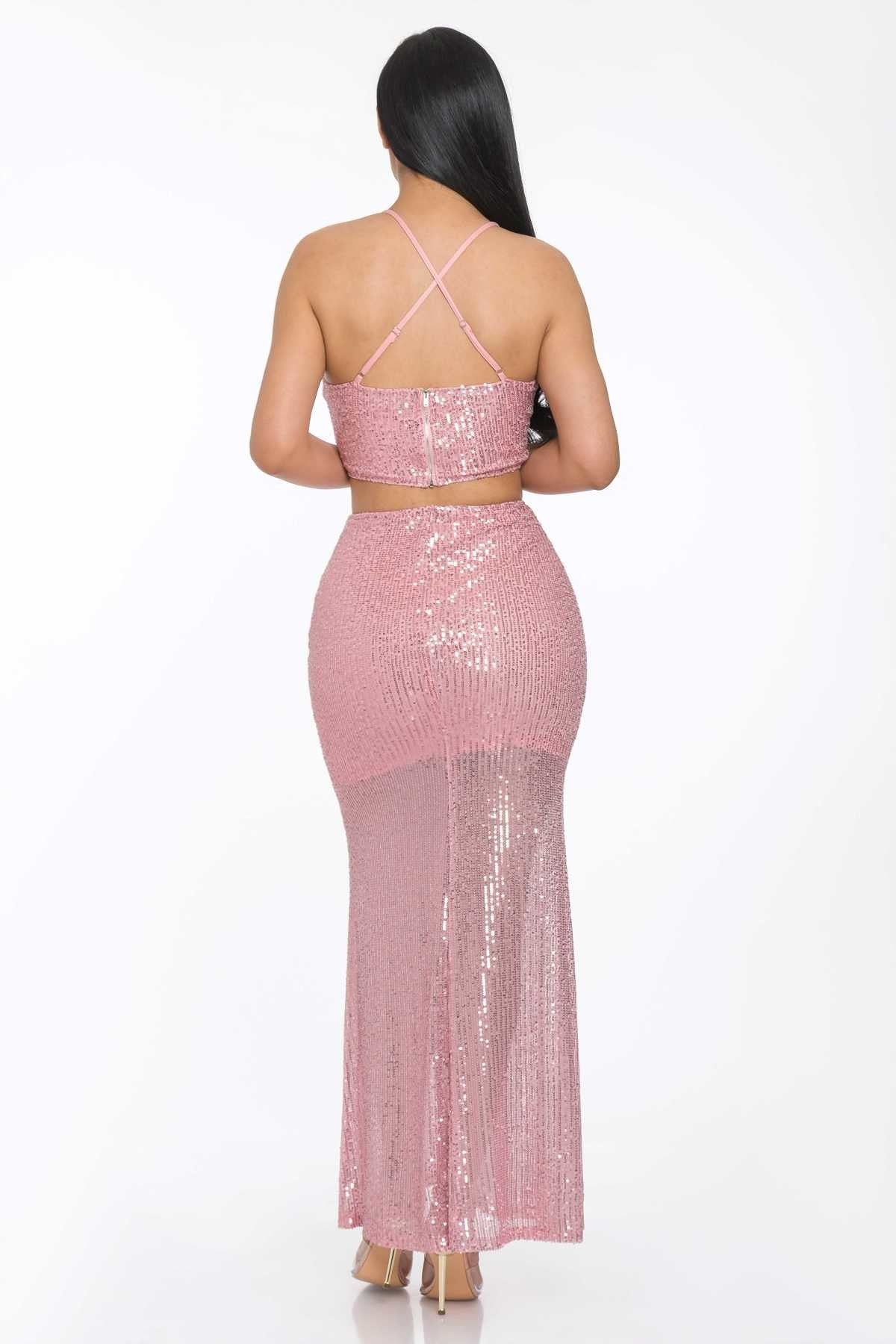 Cross Strap Back Sequin Maxi Skirt Set