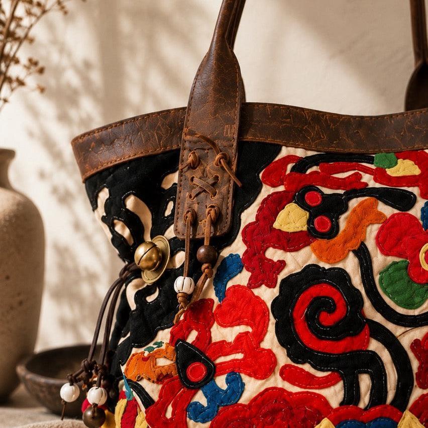 Artista Applique Textile Unique Leather Shoulder Handbag Tote - Thailand