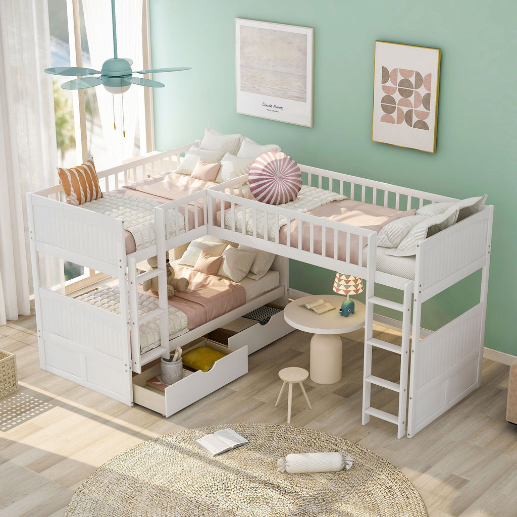 Triple Twin Bunk Bed With Loft and 2 Drawers - Dark Gray or White