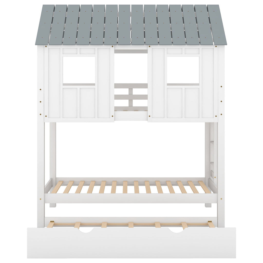 Twin Size House Bunk Bed with Trundle and Roof and Windows - White / Gray