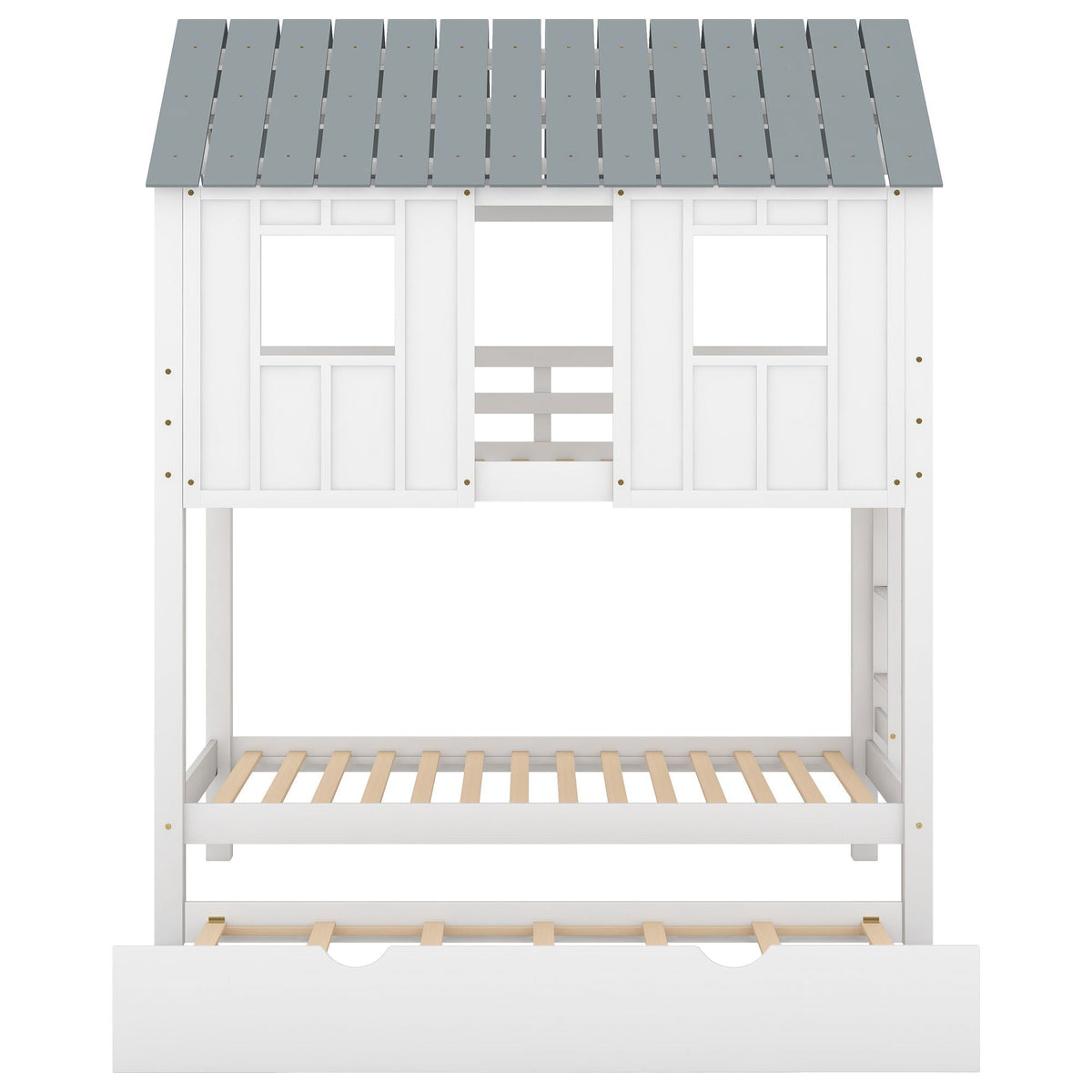 Twin Size House Bunk Bed with Trundle and Roof and Windows - White / Gray