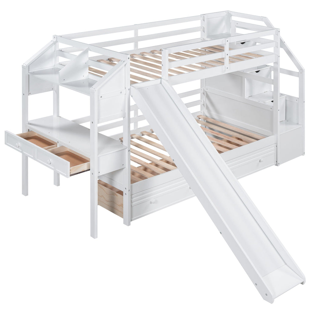 Bunk Bed with Storage Staircase, Slide & Desk - Twin or Full - Dark Gray or White