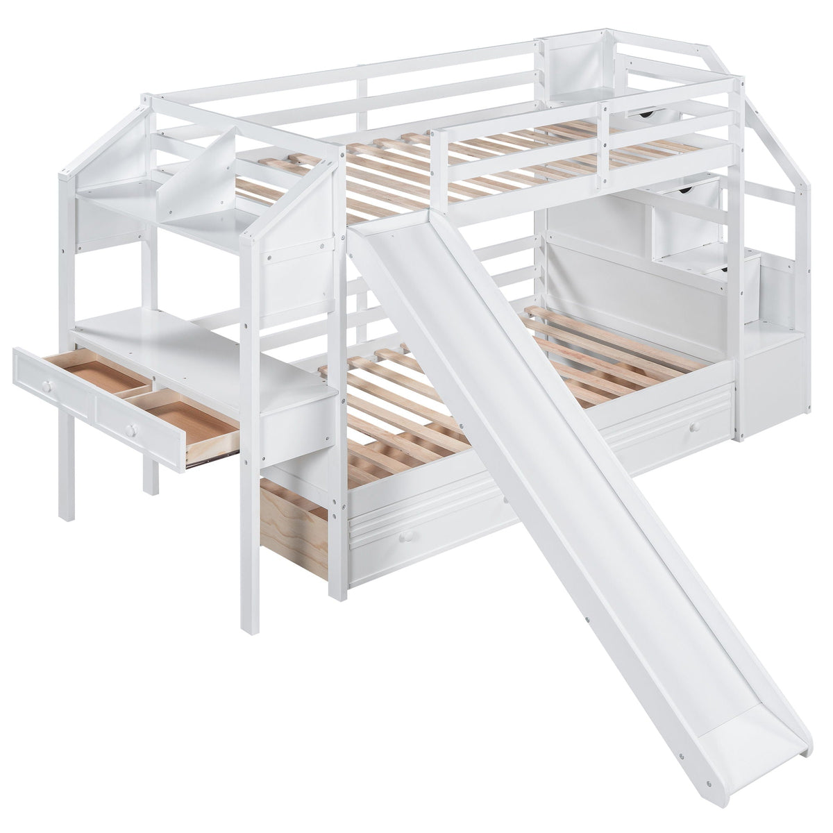 Bunk Bed with Storage Staircase, Slide & Desk - Twin or Full - Dark Gray or White
