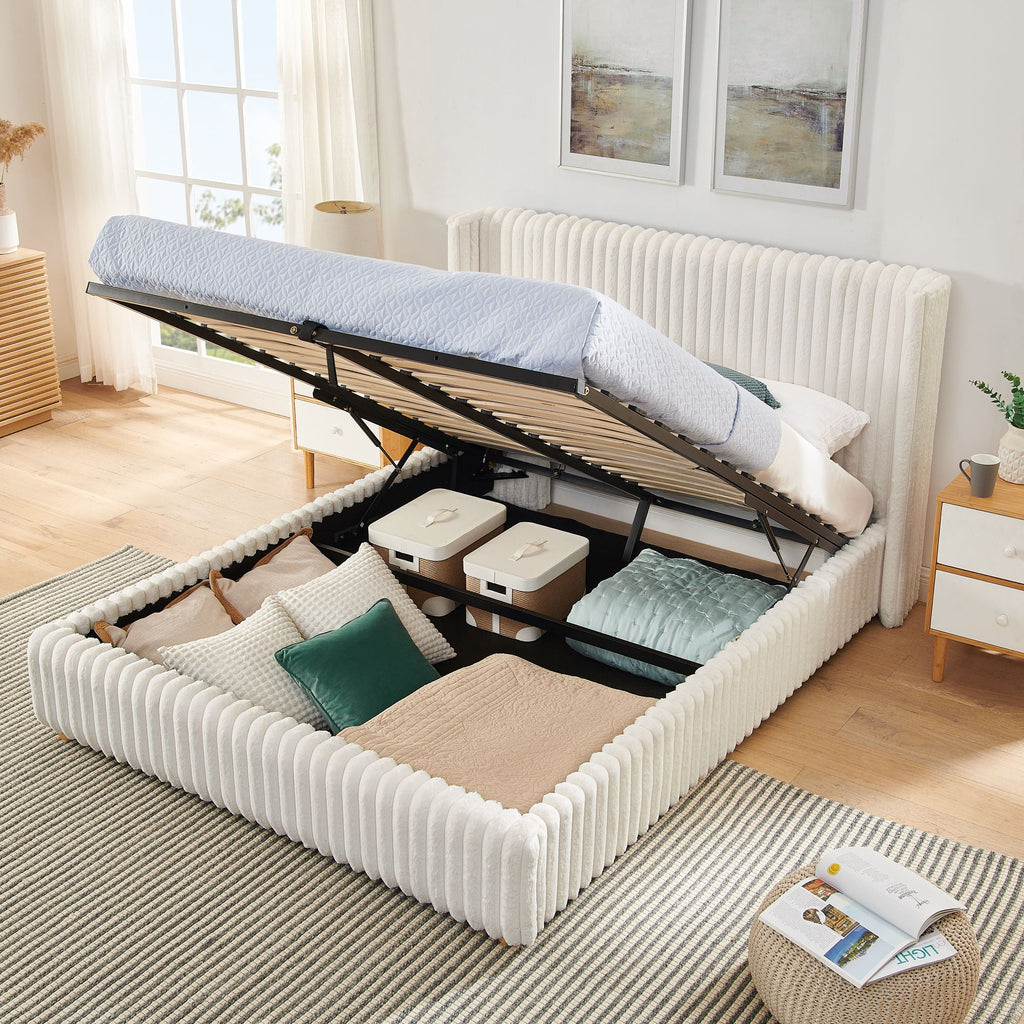 Functional Vertical Striped Bed with Gas Lift Storage - Beige