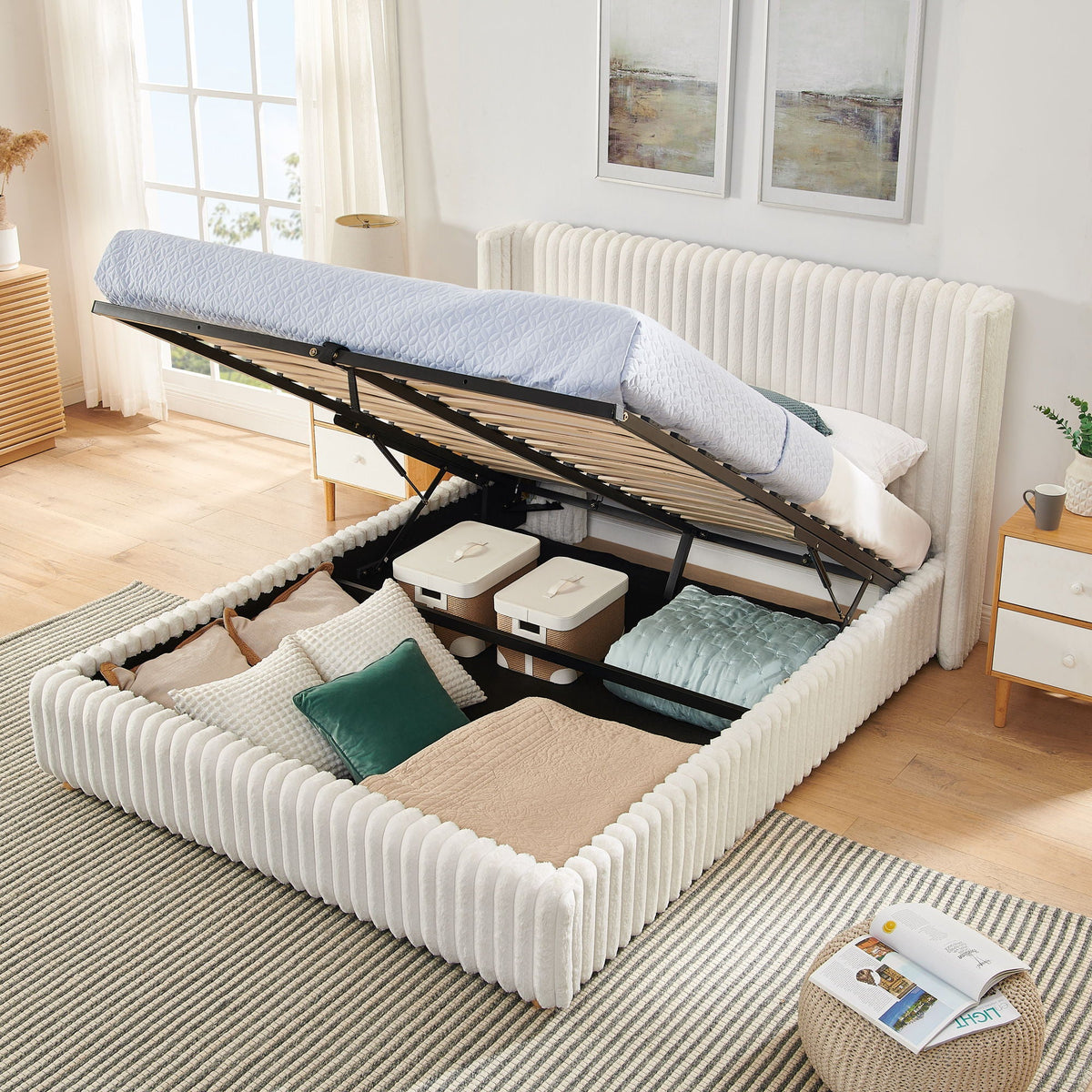 Functional Vertical Striped Bed with Gas Lift Storage - Beige